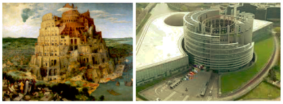 Tower of Babel, Pieter Bruegel, 1563, versus the Strasbourg EU Parliament