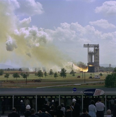 President Kennedy observes a test firing of a Saturn I first stage