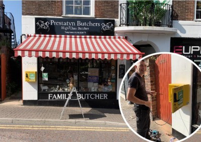 The defibrillator is fitted outside the familybutchers in Prestatyn.