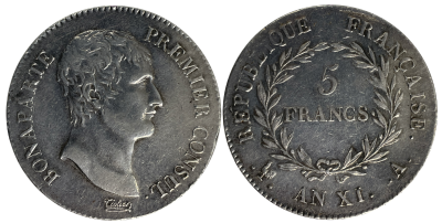 Silver coin: 5 francs_AN XI, 1802, Bonaparte, First Consul