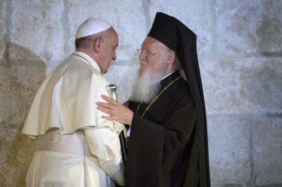 Pope Francis and Ecumenical Patriarch Bartholomew meet in Jerusalem after signing a landmark pledge to work together to further unity.