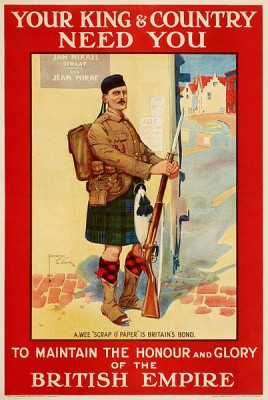 A 1914 recruitment poster by the Parliamentary Recruitment Committee shows a Scottish soldier in Belgium, in response to Germany describing the Treaty of London, which protected Belgium's independence and neutrality, as a &quot;scrap of paper&quot; when they invaded in August 1914.