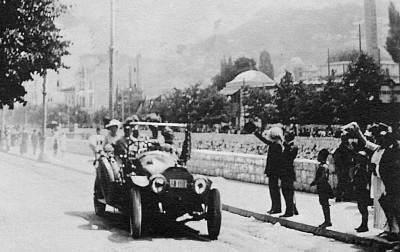 A picture acquired from the historical archives of Sarajevo on June 28, 2014 shows Archduke Franz Ferdinand and his wife Sophia riding in their car, minutes before their assassination on June 28, 1914. The assassination of Archduke Franz Ferdinand by 19-year-old Bosnian-Serb nationalist Gavrilo Princip in Sarajevo, 100 years ago this June 28, is widely considered to have sparked World War I. ''Last picture taken of the royal couple, minutes before the attack''.