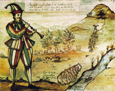 1592 painting of the Pied Piper copied from the glass window of Marktkirche in Hamelin