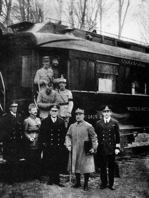 Signing of the 1918 Armistice. Train parked in a railway siding in the forest of Compiègne.