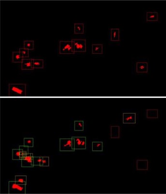 Figure 8: Example of automated image correlation processing: both images are segmented and then the target image (bottom) is compared with the source images (top) and missing object locations are marked with red squares while new objects are marked with yellow squares.