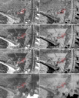 Figure 9: From top to bottom images taken on April 5, 11, 12, and 14, 2010, at the Smolensk incident site; panchromatic (left column) and inverted (right column) images.