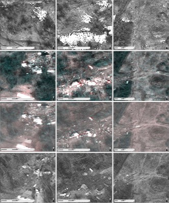Figure 10: Different parts of the crash area showing changing positions of the plane debris and the snow patches coinciding with either dry ground patches (light) with plane debris or with wet ground patches (dark) without the plane debris.